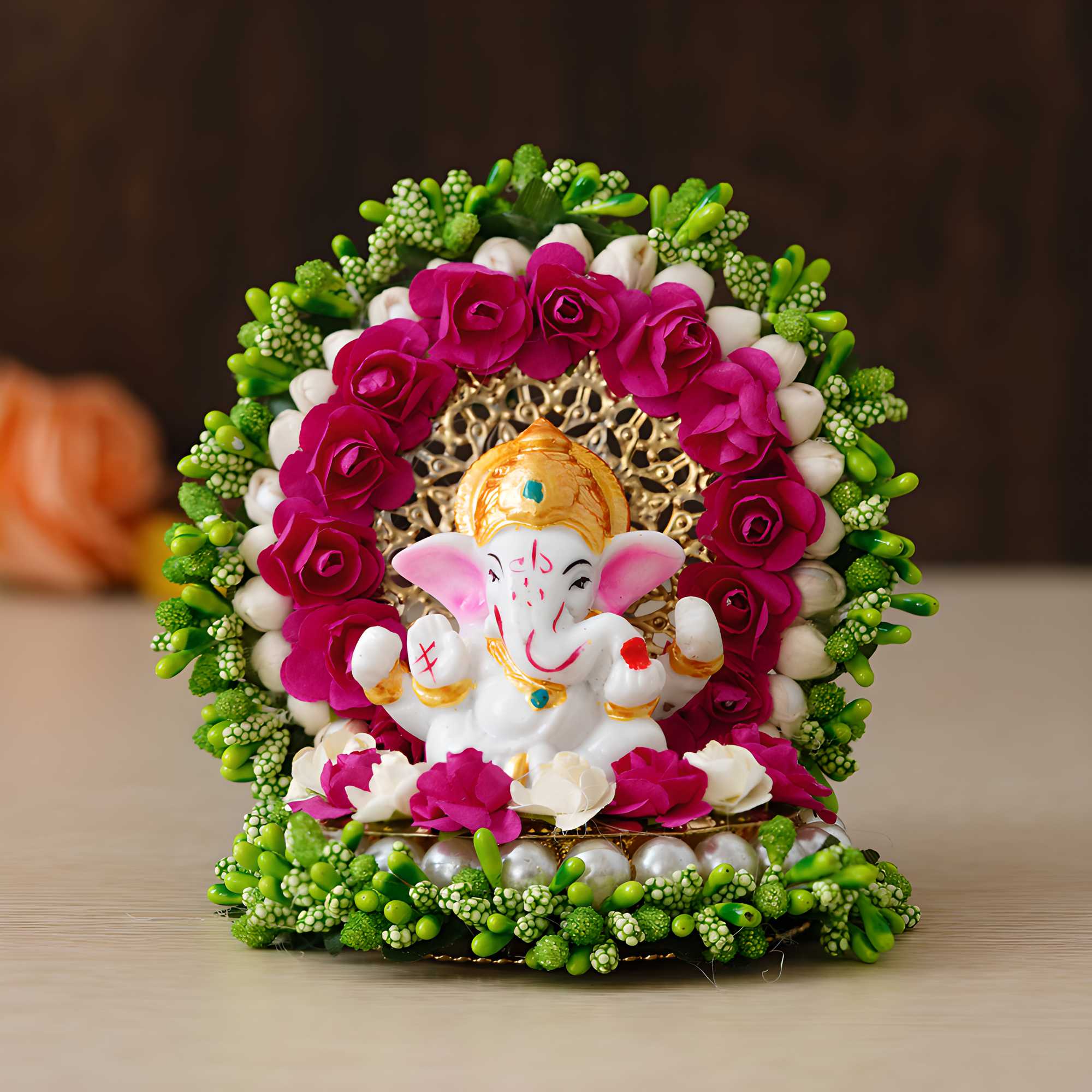 eCraftIndia Lord Ganesha Idol on Decorative Handcrafted Green Floral Plate – Metal & Aluminium – Perfect for Home and car