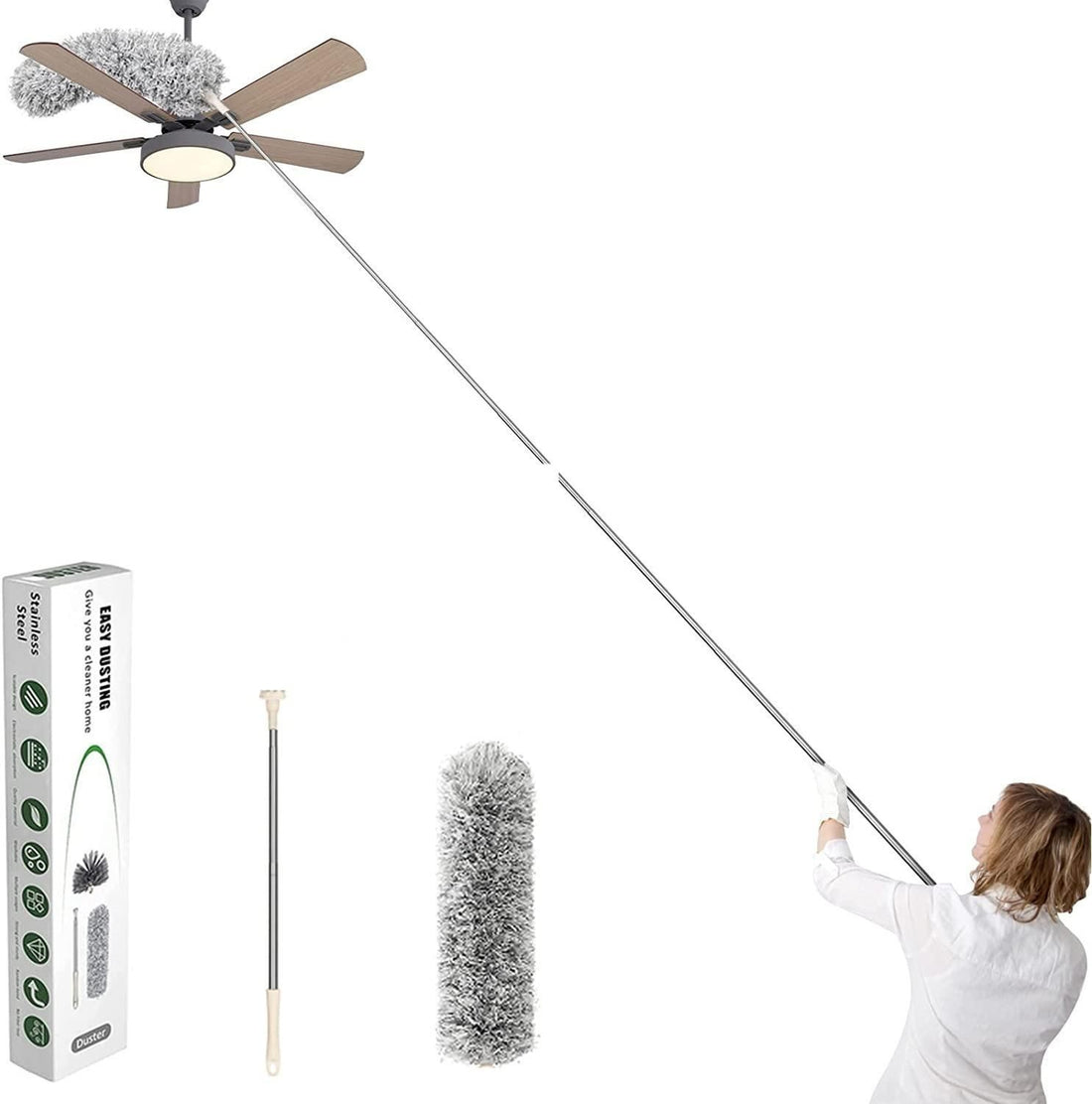 Microfiber Duster for Cleaning – Telescopic Extension Pole, Bendable Head, Scratch-Resistant Cover