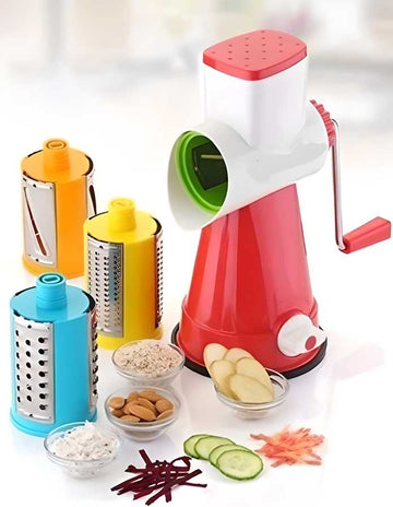 4-in-1 Rotary Drum Vegetable Grater & Slicer | Multi-Functional Manual Drum Slicer with 4 Stainless Steel Blades – Vegetable, Cheese, and Fruit Cutter (Pack of 1, Assorted Color)