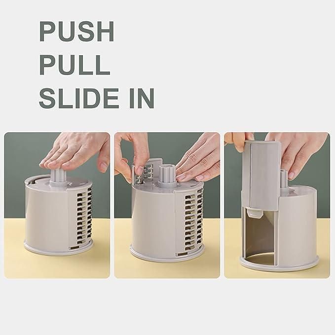 Manual Vegetable Grater – Rotary Drum Cutter & Slicer with 3 Interchangeable Stainless Steel Blades (470g)