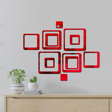 3D Acrylic Mirror Wall Sticker – Set of 12 Red Square Decorative Stickers for Kids Room, Bedroom, Living Room, Office & Home Walls