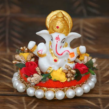 eCraftIndia Lord Ganesha Idol on Decorative Handcrafted Plate – Metal – Ideal for Home and Car Décor