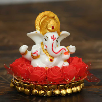 eCraftIndia Lord Ganesha Idol on Decorative Plate – Polyester – Perfect for Car and Home Décor